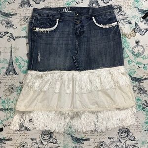 Vintage Upcycled fringe Denim BoHo Chic Skirt Sz 9